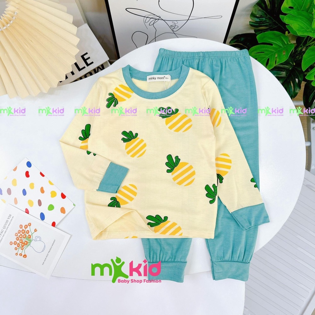 Đồ Bộ Dài Tay Bé Trai, Bé Gái MK KID Với Họa Tiết Trái Cây Dễ Thương, Bộ Thun Lạnh Mặc Nhà Cho Bé 8-26kg