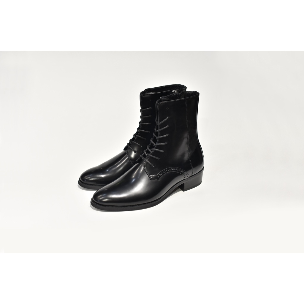 Giày zip boot cột dây màu đen da bò patent