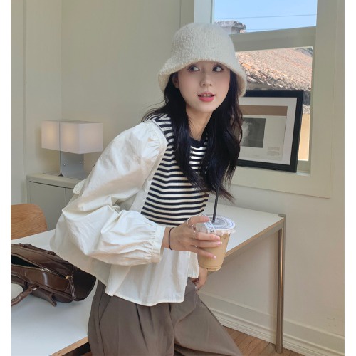 Áo Sơ Mi Nữ Dài Tay Cổ Tròn Sọc Ngang Thời Trang Hàn Mới