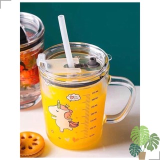 Ly thủy tinh chia vạch 400ml Tặng kèm ống hút Silicon Nhiều Hình