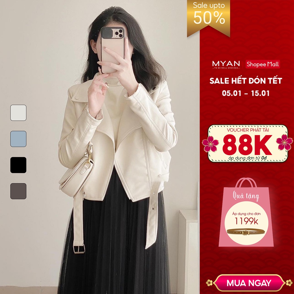 Áo Khoác Da Nữ Croptop MYAN Biker Jacket Cổ Bẻ Túi Khóa 2 Túi Chéo Kèm Đai Màu Xanh Ghi, Kem, Nâu Đen A112211 (4m-21028)
