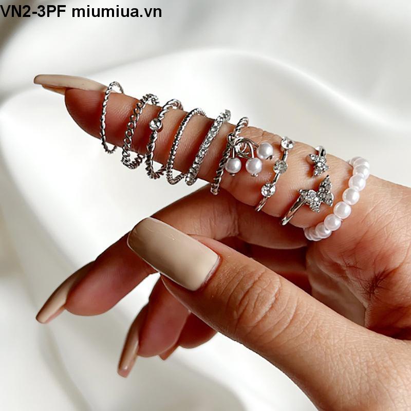 Set 9 nhẫn bạc ngọc trai pha lê thanh lịch Bộ nhẫn mỏng rỗng cho nữ phụ kiện trang sức