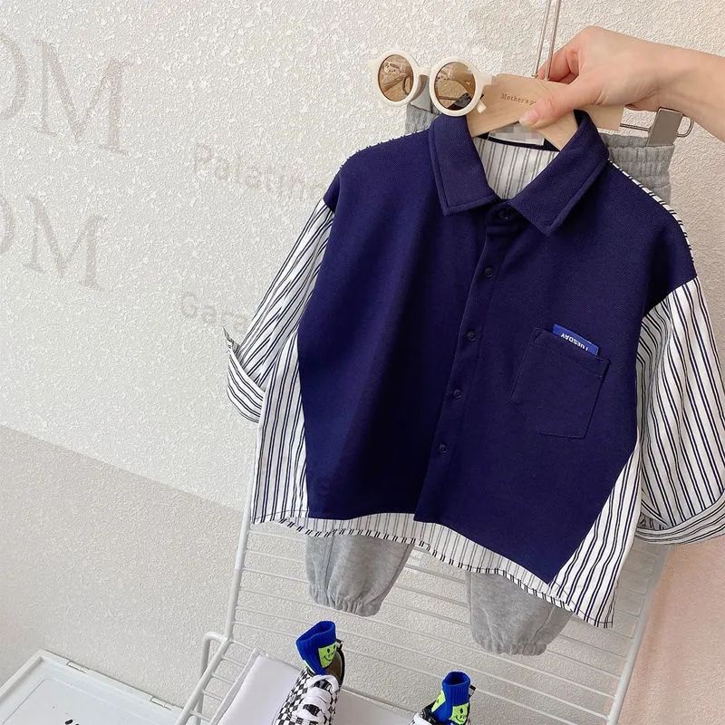 Áo Sơ Mi Dài Tay Họa Tiết Kẻ Sọc Phong Cách Hàn Quốc Thời Trang Xuân Thu Mới Cho Bé Trai