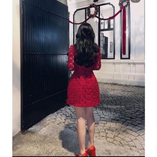 ĐẦM ĐỎ XÔ REN CỔ TRÒN TAY DÀI