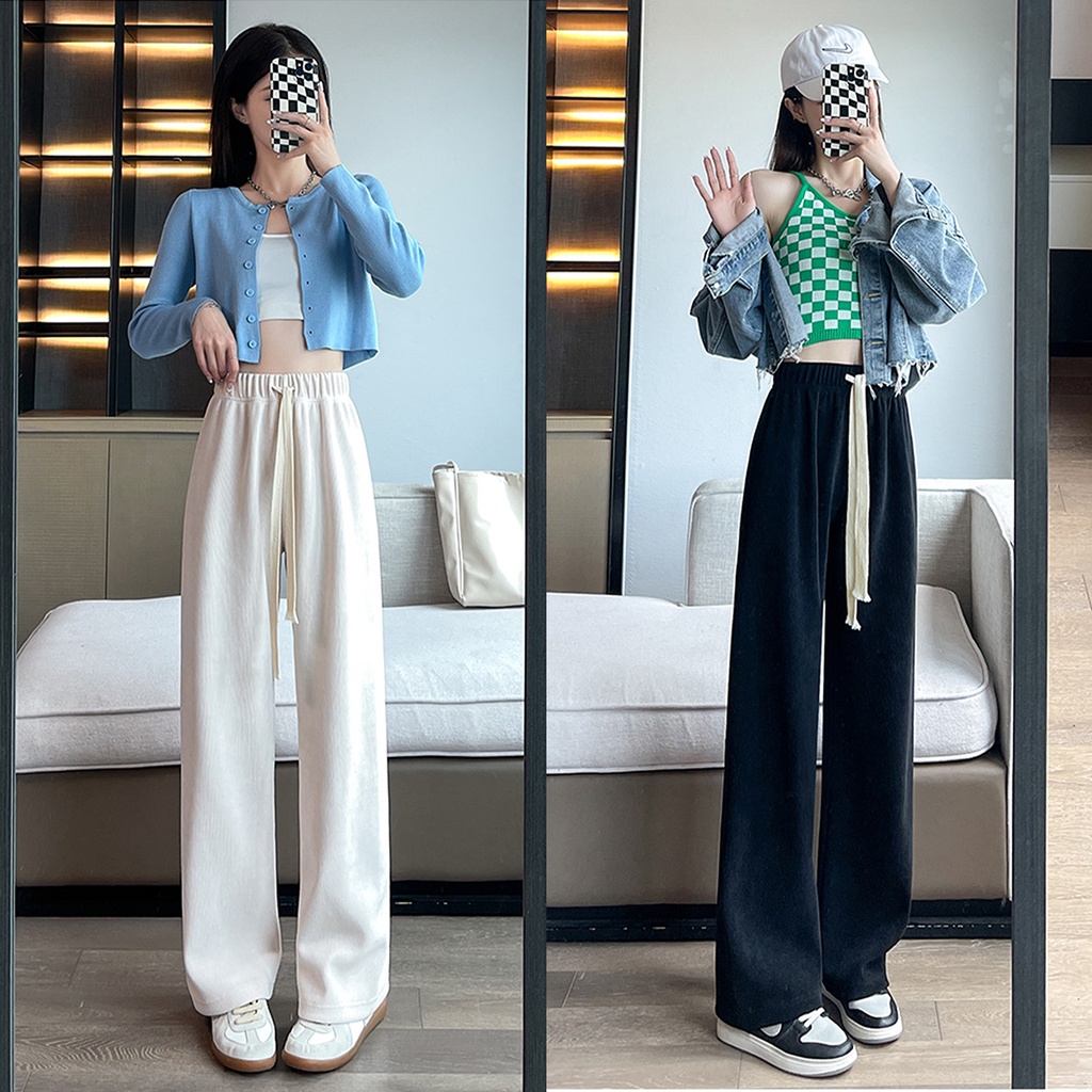 Quần ống rộng nữ nhung tăm chất vải loại 1 dày dặn phom dài mặc chớm gót chân