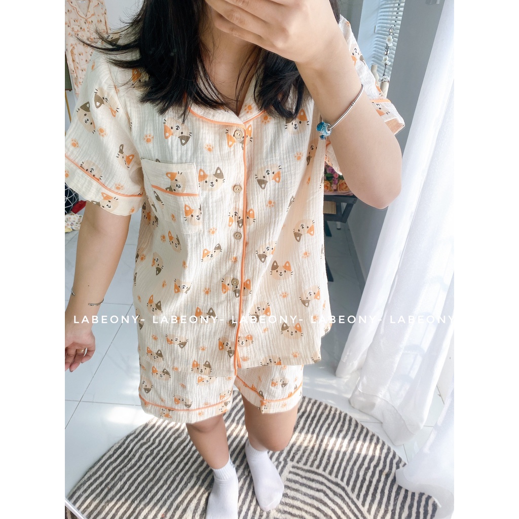 Pyjama tết đồ mặc nhà đồ bộ mèo cam xô muslin cao cấp mềm mát Labeony