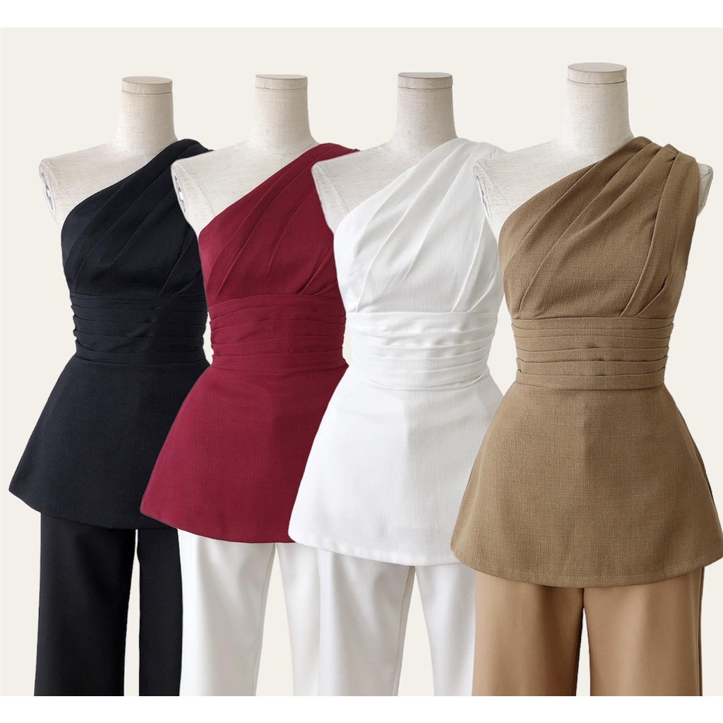 Áo peplum dáng dài lệch vai xếp li eo