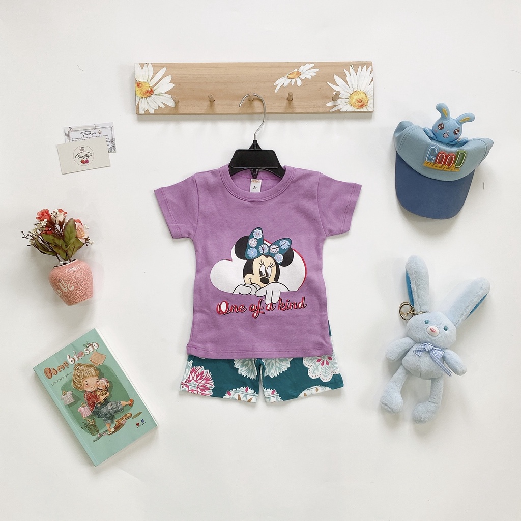 Bộ cộc tay, bộ hè bé gái Mikcey, Minie xuất dư 100% cotton bozip thoáng mát, thấm hút cho bé gái 8-22kg