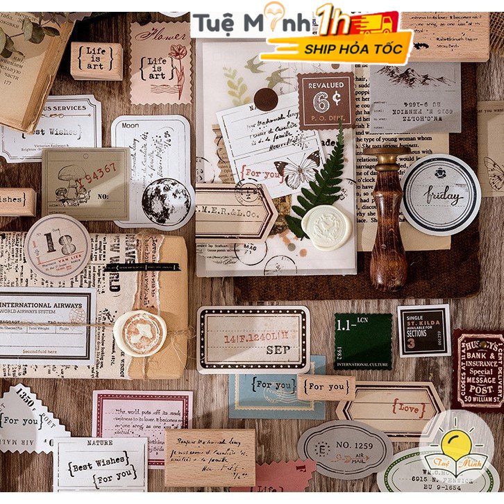 Bộ 40 tem VPPTUEMINH, nhãn tag retro dính sẵn dán sổ bullet journal STI36
