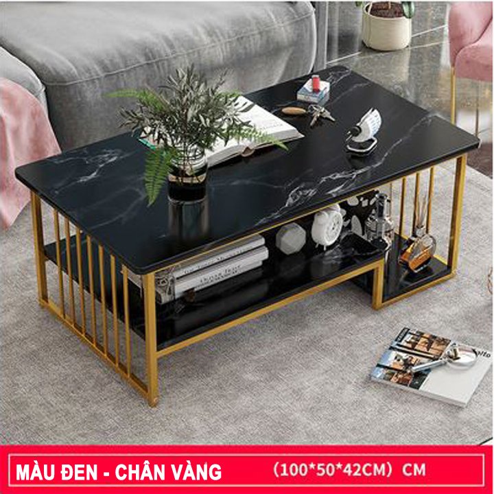 Bàn sofa phòng khách BETA HOME bàn trà mặt gỗ 3 tầng họa tiết vân đá cẩm thạch chân sơn nhũ vàng kích thước 100*50*42cm