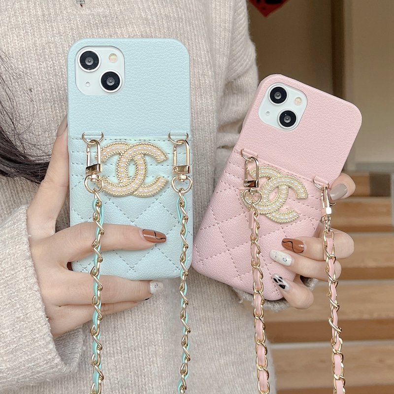 Ốp Điện Thoại Da In Logo Chanel Sang Trọng Kèm Ngăn Đựng Thẻ Và Dây Đeo Kim Loại Cho IPhone 11 12 13 14 Pro Max