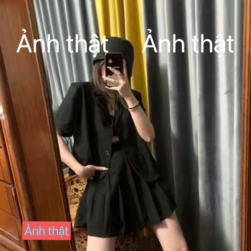 Set áo vest phối chân váy xoè xếp ly LeLa LDT12 màu đen nâu tây