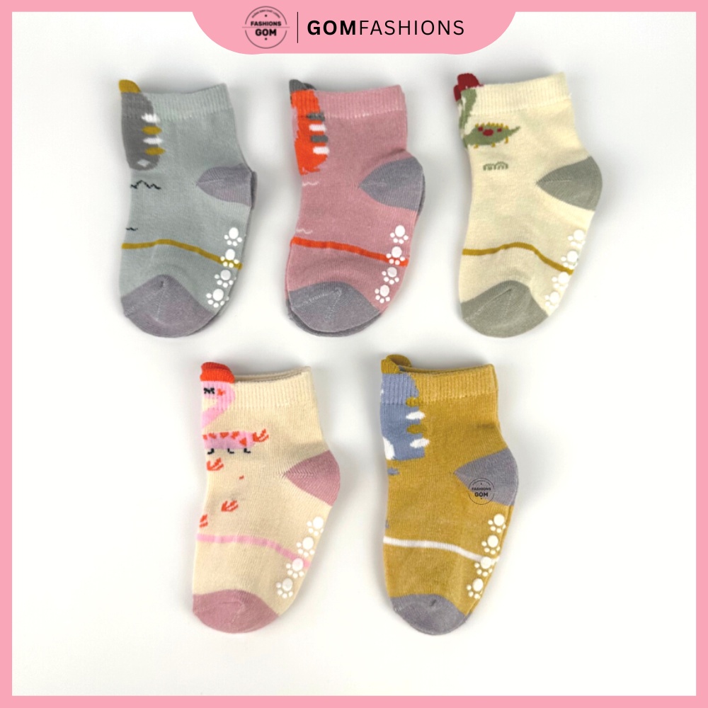 Set 5 đôi tất cho bé gái hình khủng long dễ thương, vớ trẻ em chân có đệm cao su chống tuột gót - LISU-TREEM-NU04