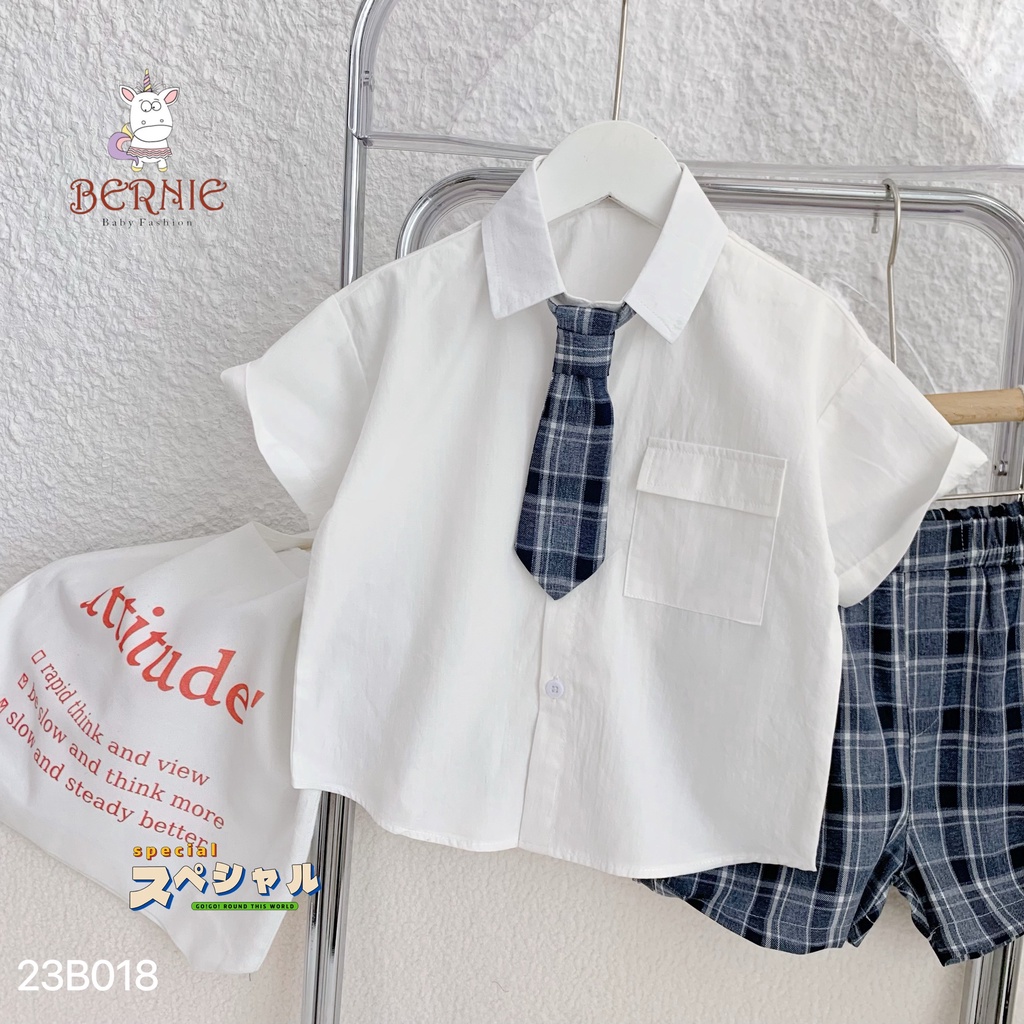 Set sơ mi cộc tay quần kẻ Bernie kèm cà vạt cho bé