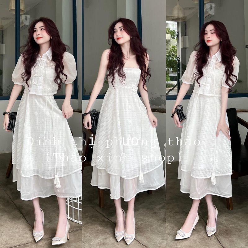 SET ĐẦM HOA NỔI MIDI 2 DÂY REN HOA + ÁO REN NÚT TÀU