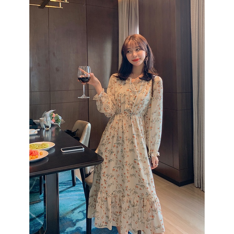 Đầm Hoa Tay Dài Cổ Chữ V Phong Cách Hàn Quốc Thời Trang Xuân Hè Mới 2023