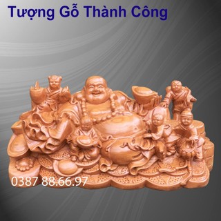 Tượng phật di lặc ngũ phúc ngồi bệ vàng rộng từ 30cm đến 50cm chất liệu gỗ hương nguyên khối