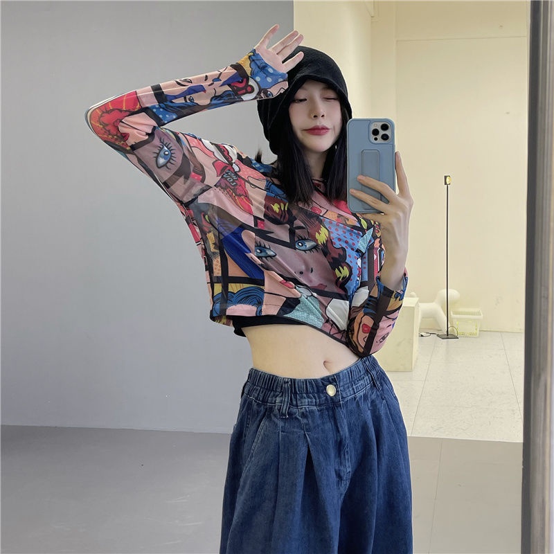Áo Thun Tay Dài Dáng Ngắn Form Ôm Phong Cách Retro