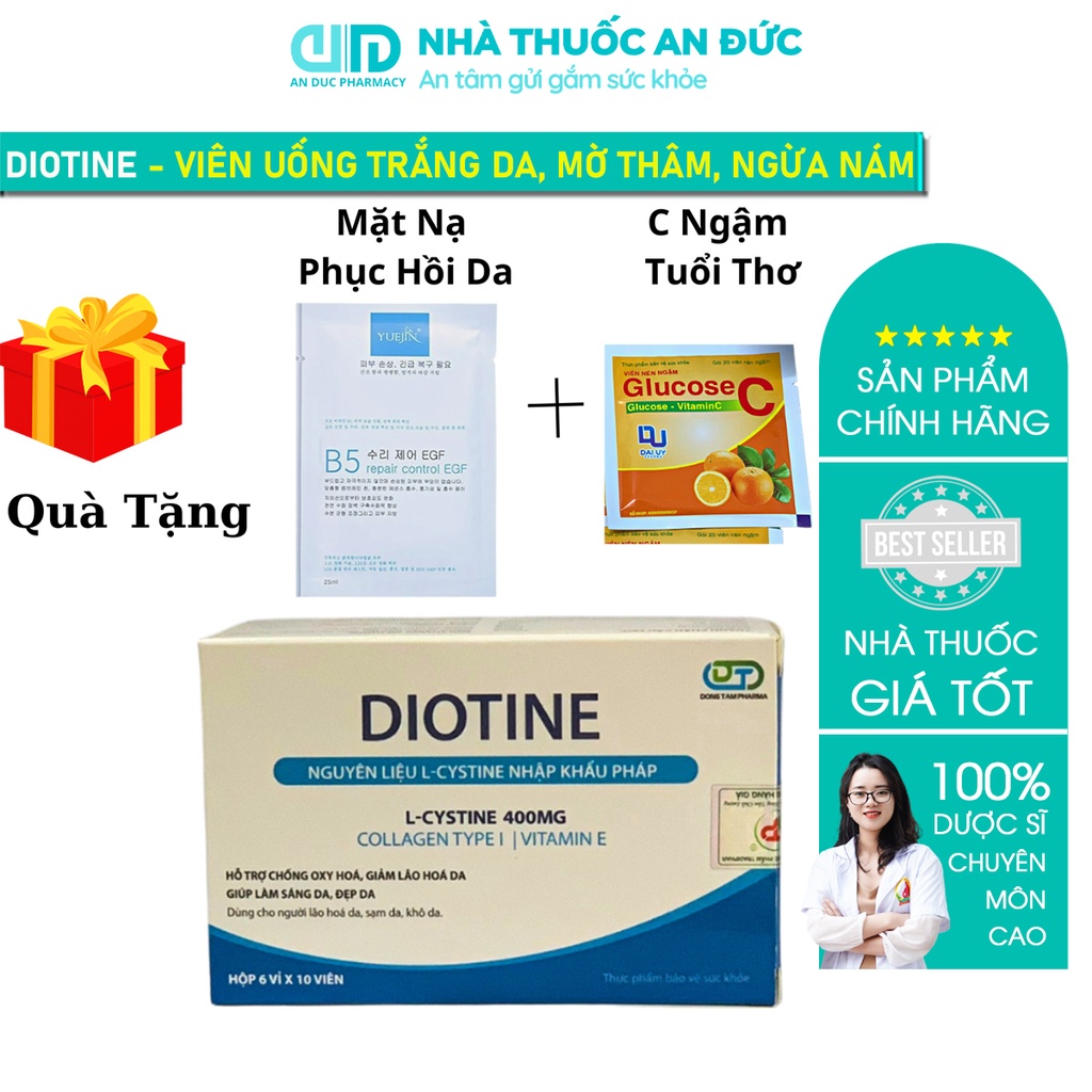 Viên uống đẹp da chứa l cystine, vitamin b5 DIOTINE - Hỗ trợ sáng da, chống lão hóa, ngăn ngừa khô da, sạm da