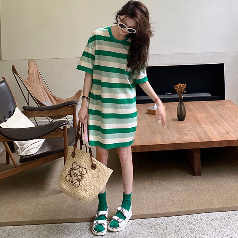 Đầm XINLANYASHE ngắn tay dáng rộng họa tiết kẻ sọc thời trang Hàn Quốc giản dị dành cho bạn nữ