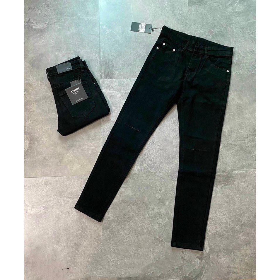 Quần jean bò nam slimfit wash xanh khói rách xước chỉ đùi gối vá vải nhăn đen phối ống loang sóng