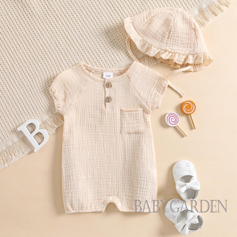 Bộ Áo Liền Quần Tay Ngắn Màu Trơn Có Túi + Mũ Ren Dành Cho Bé Gái 0-12 Tháng Tuổi