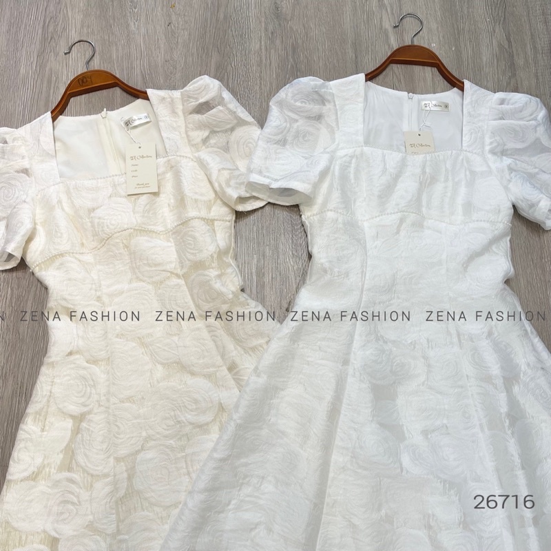 V26716 - Váy gấm hoa hồng nổi cổ vuông 2 hàng ngọ.c