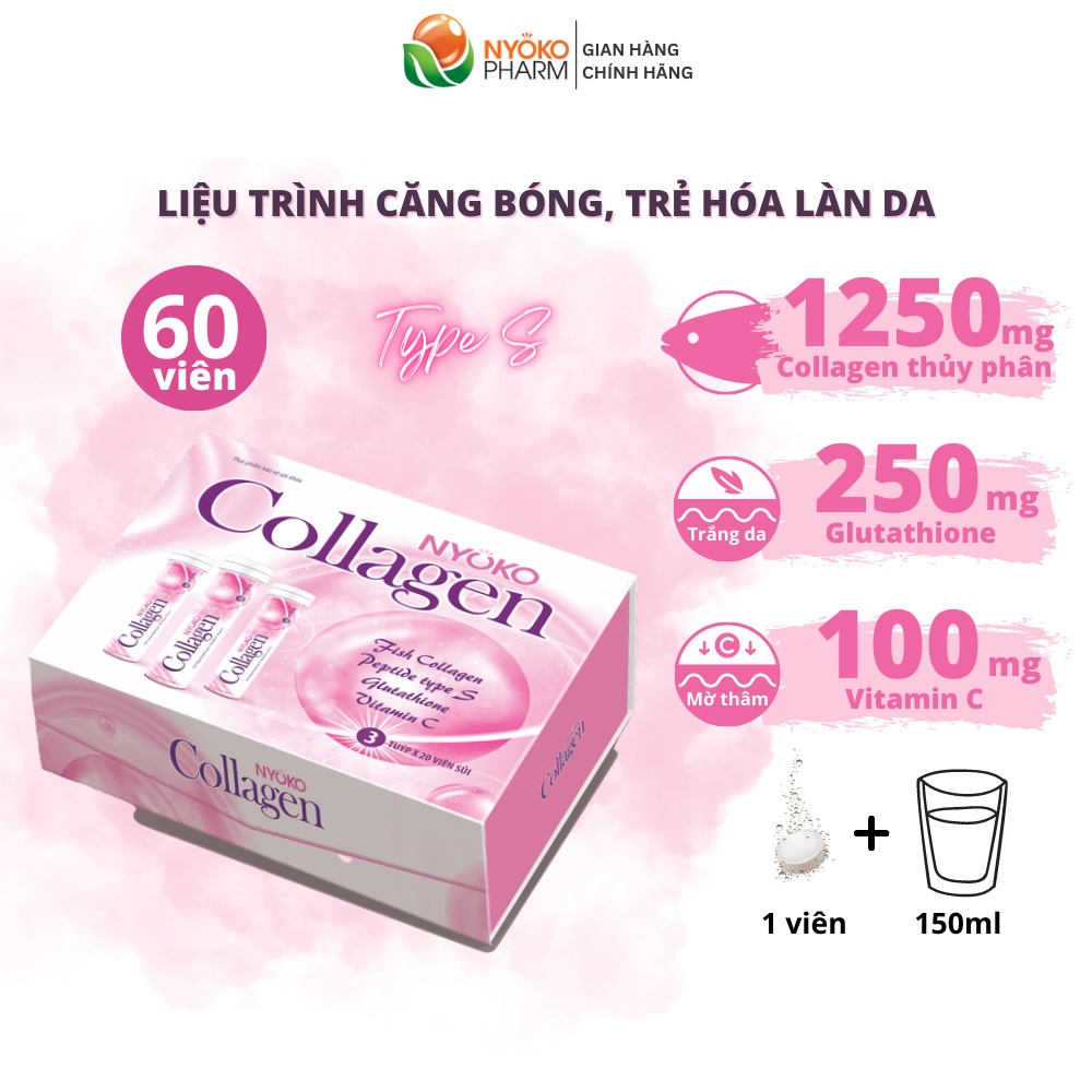 Collagen uống thủy phân Nyoko chiết xuất cá tuyết Nhật Bản chống lão hóa hàm lượng 1250mg/viên hộp 3 lọ x 20 viên