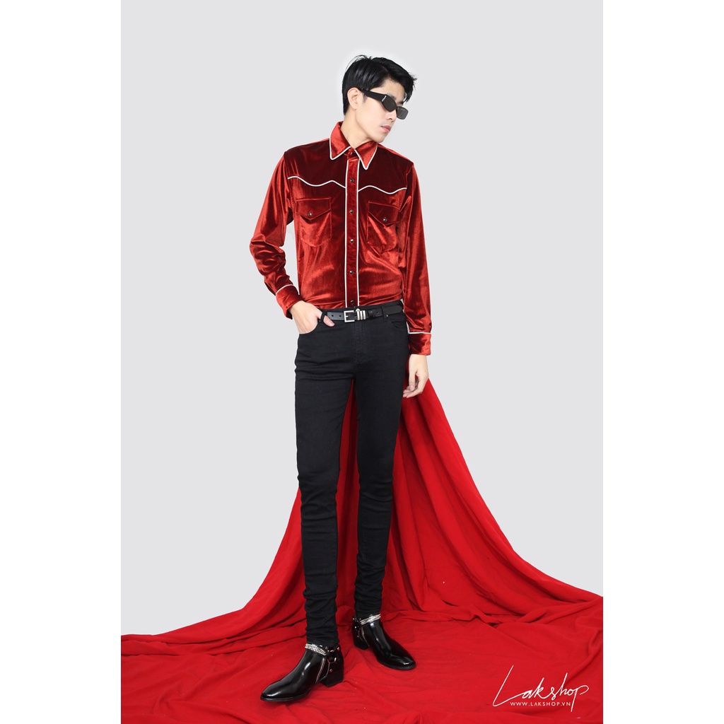 Áo sơmi nhung đỏ Lak Studios Black Velvet Western Shirt