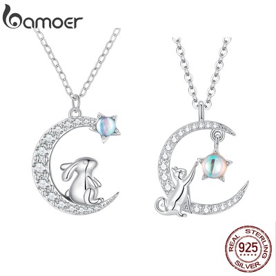 Vòng cổ BAMOER bạc 925 mặt trăng thỏ mèo thời trang đơn giản cho nữ