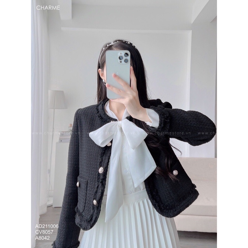 pass áo dạ tweed đen 4 cúc cổ điển sang trọng