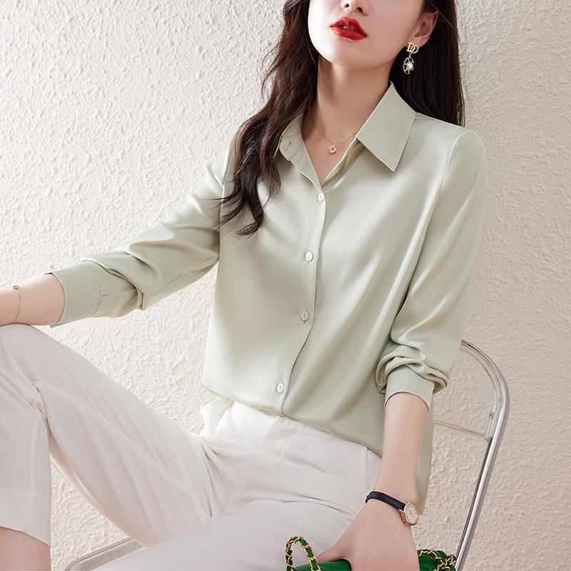 Áo Sơ Mi Chất Liệu Satin Cao Cấp Màu Trắng Trơn Chống Nhăn Đa Năng Thời Trang Xuân Thu Cho Nữ
