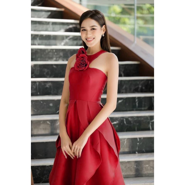 Đầm váy midi dự tiệc lượn sóng đính hoa