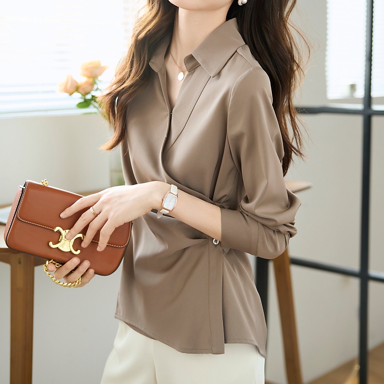 Áo Sơ Mi Vải Satin Cao Cấp Kết Cấu Không Đối Xứng Hàng Mới Mohan Yimei 23