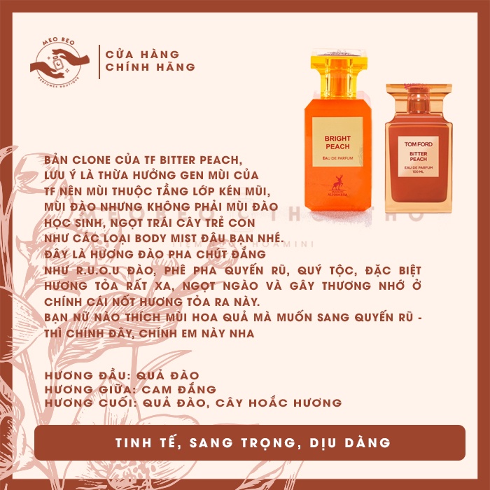 🐈𝒎𝒆𝒐𝒃𝒆𝒐𝒕𝒉𝒐𝒎𝒕𝒉𝒐🐈 nước hoa hương đào sang trọng 𝗕𝗿𝗶𝗴𝗵𝘁 𝗣𝗲𝗮𝗰𝗵 𝗗𝘂𝗯𝗮𝗶 𝗯𝗮̉𝗻 𝗱𝘂𝗽𝗲 𝗧𝗙 𝗕𝗶𝘁𝘁𝗲𝗿 𝗣𝗲𝗮𝗰𝗵 𝗺𝗶𝗻𝗶