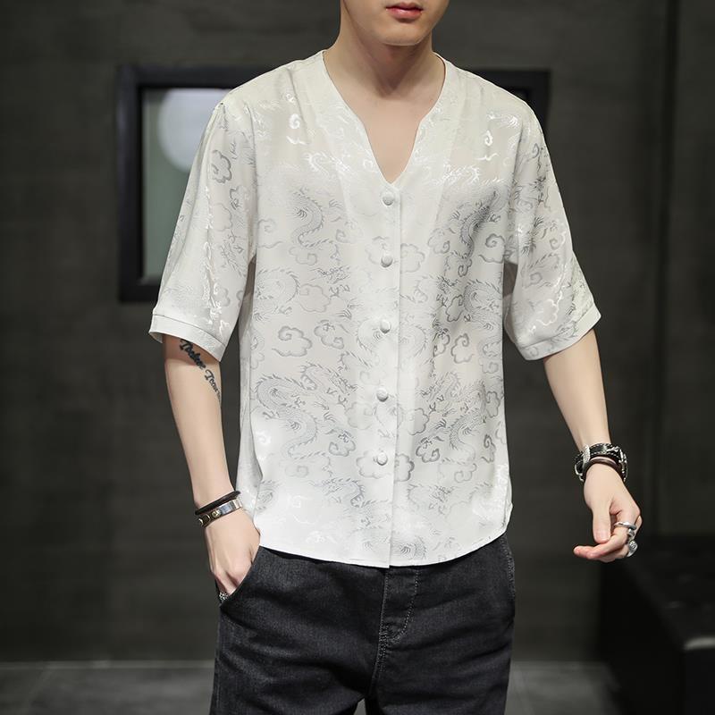 Baju sport lelakinavy blueChinese Áo Thun Tay Ngắn Bằng Lụa Lạnh Siêu Mỏng Họa Tiết Hoa Màu Tối Phong Cách Trung Quốc Cho Nam