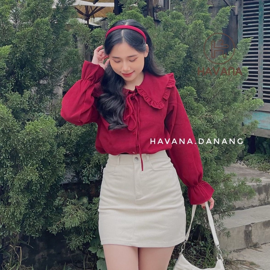 Áo sơ mi nhung bèo trơn buộc dây cùng màu mới, áo kiểu tay bèo hai màu freesize AE363