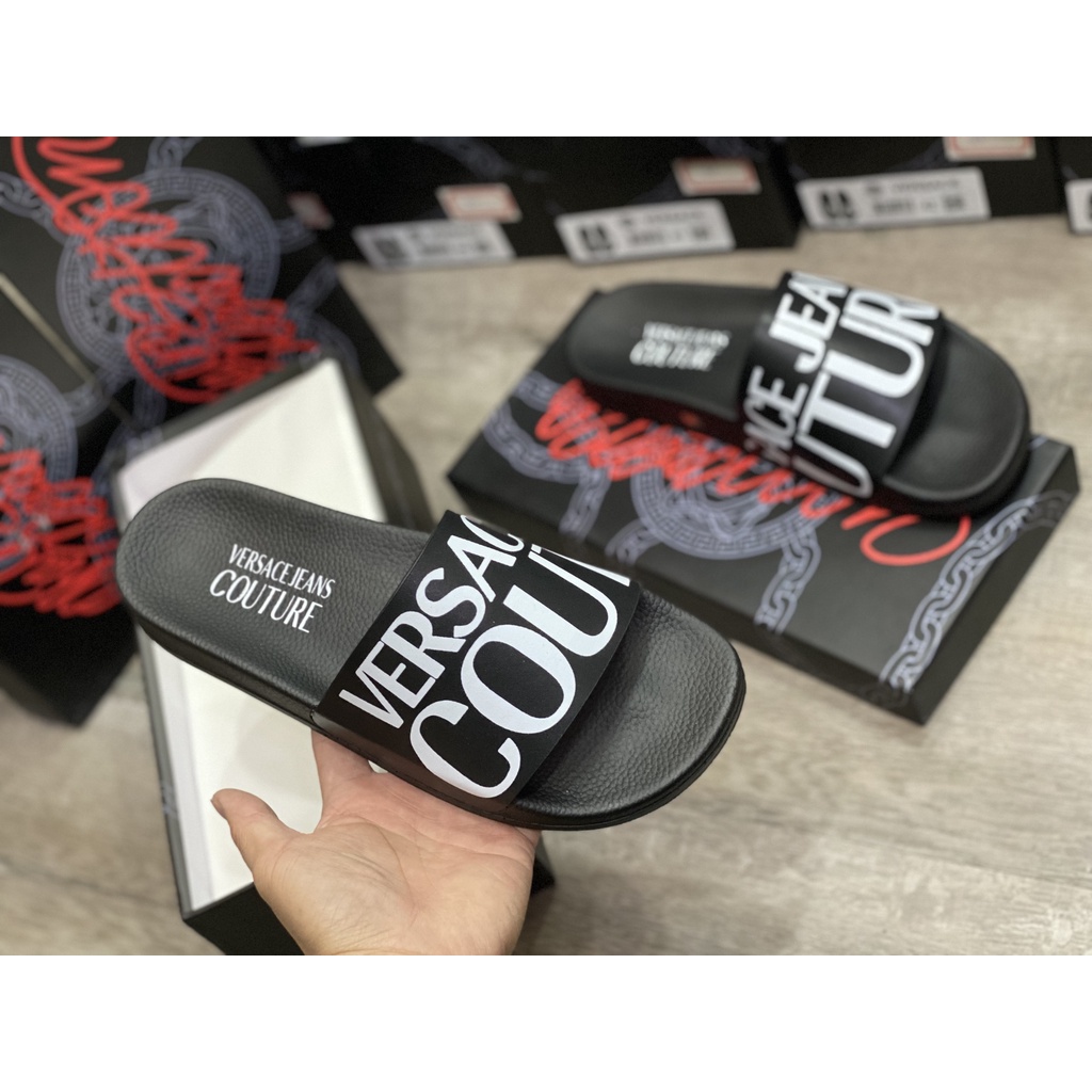 Dép Nam Versace Jeans Couture Logo Slippers In Black Màu Đen