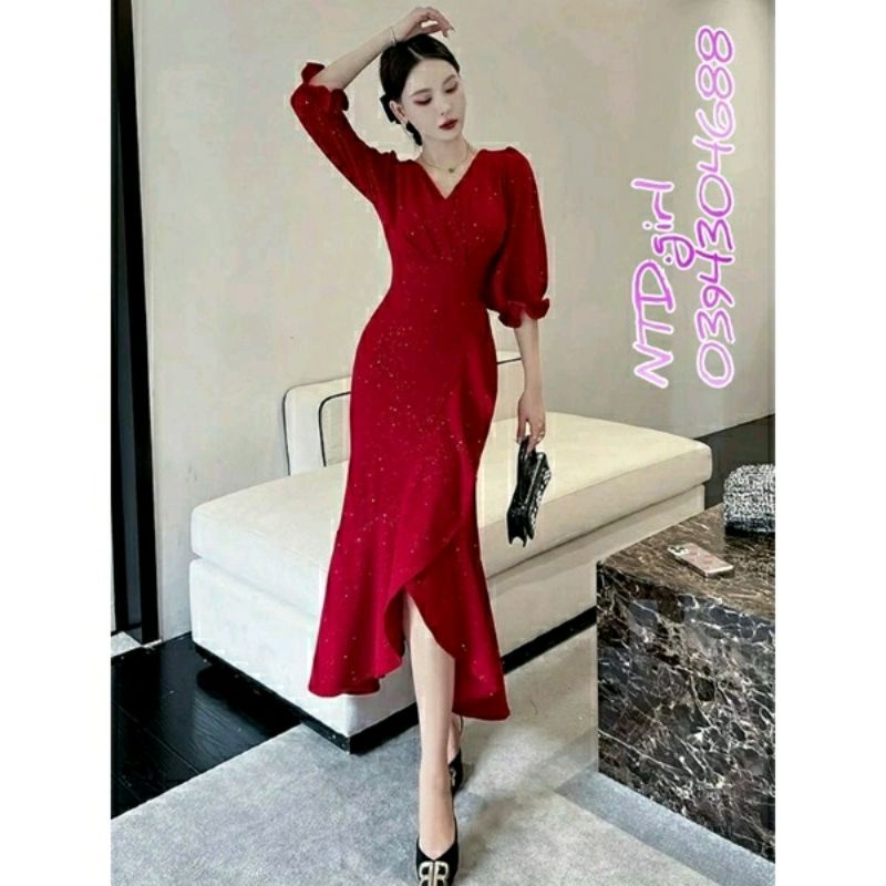 Hàng nhập - Đầm dáng ôm thun kim tuyến đỏ đuôi cá, váy body dự tiệc cổ V tay phồng