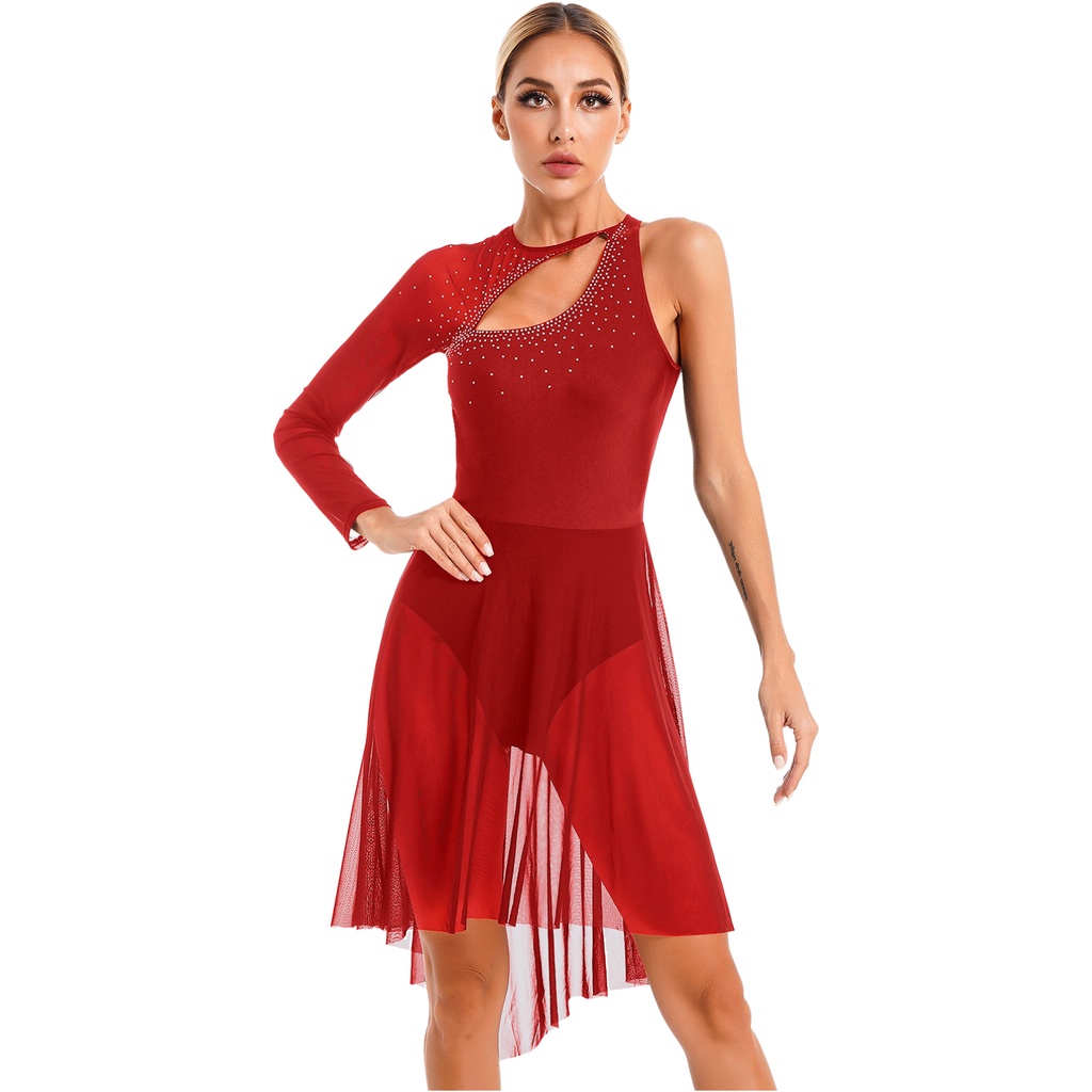 Nữ Hình Trượt Băng Trang Phục Lấp Lánh Kim Cương Giả Cutout Leotard Đầm Một Vai Sheer Lưới Dài Tay Lyrical Khiêu Vũ Đầm