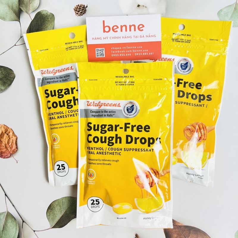 Kẹo ngậm ho Walgreens Sugar Free Cough Drops, Honey Lemon 30 viên của Mỹ