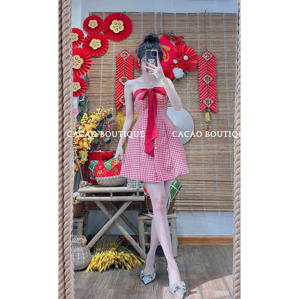 Đầm đi tiệc, đi chơi cúp ngực sang trọng, tôn dáng 2 lớp với chất bố dạ phối nơ màu đỏ đô và đen