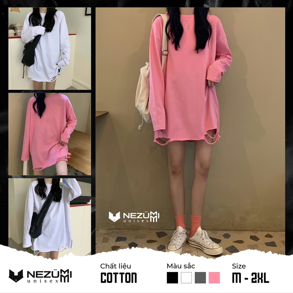 (Sẵn Đen, Trắng, Xám) Áo thun dài tay 95% cotton rách gấu tạo layer màu basic hip hop hồng trắng unisex nam nữ