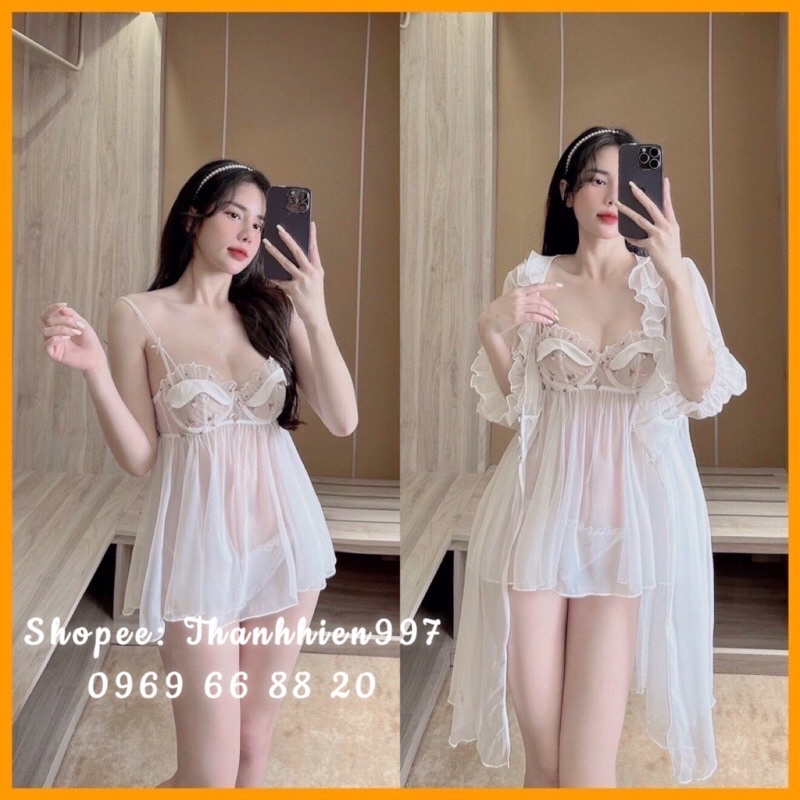 ♥️Hàng QC♥️Set váy ngủ áo choàng ren xuyên thấu mỏng manh_Thanhhien997_ren cao cấp, hàng xịn, xuyên thấu 750.