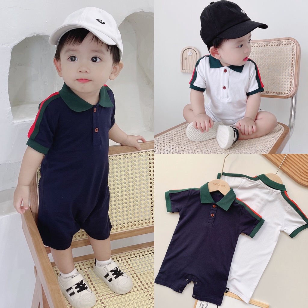 Áo Liền Quần Bằng Cotton Tay Ngắn Phong Cách Anh Quốc Dành Cho Bé Trai Gái 0-24 Tháng Tuổi
