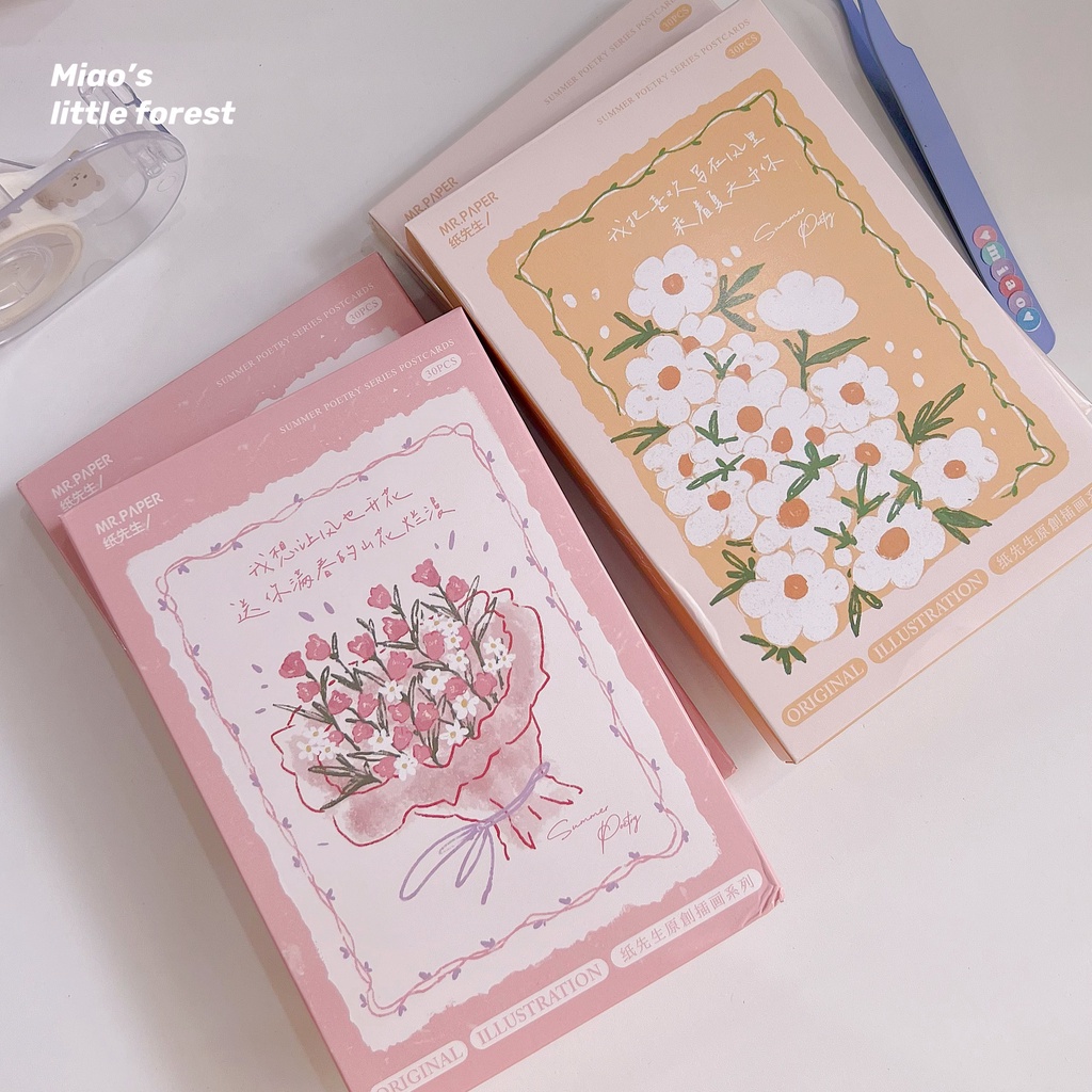 Hộp 30 tấm postcard, bưu thiếp, thiệp trang trí chủ đề hoa Summer Poetry - Miao's Little Forest