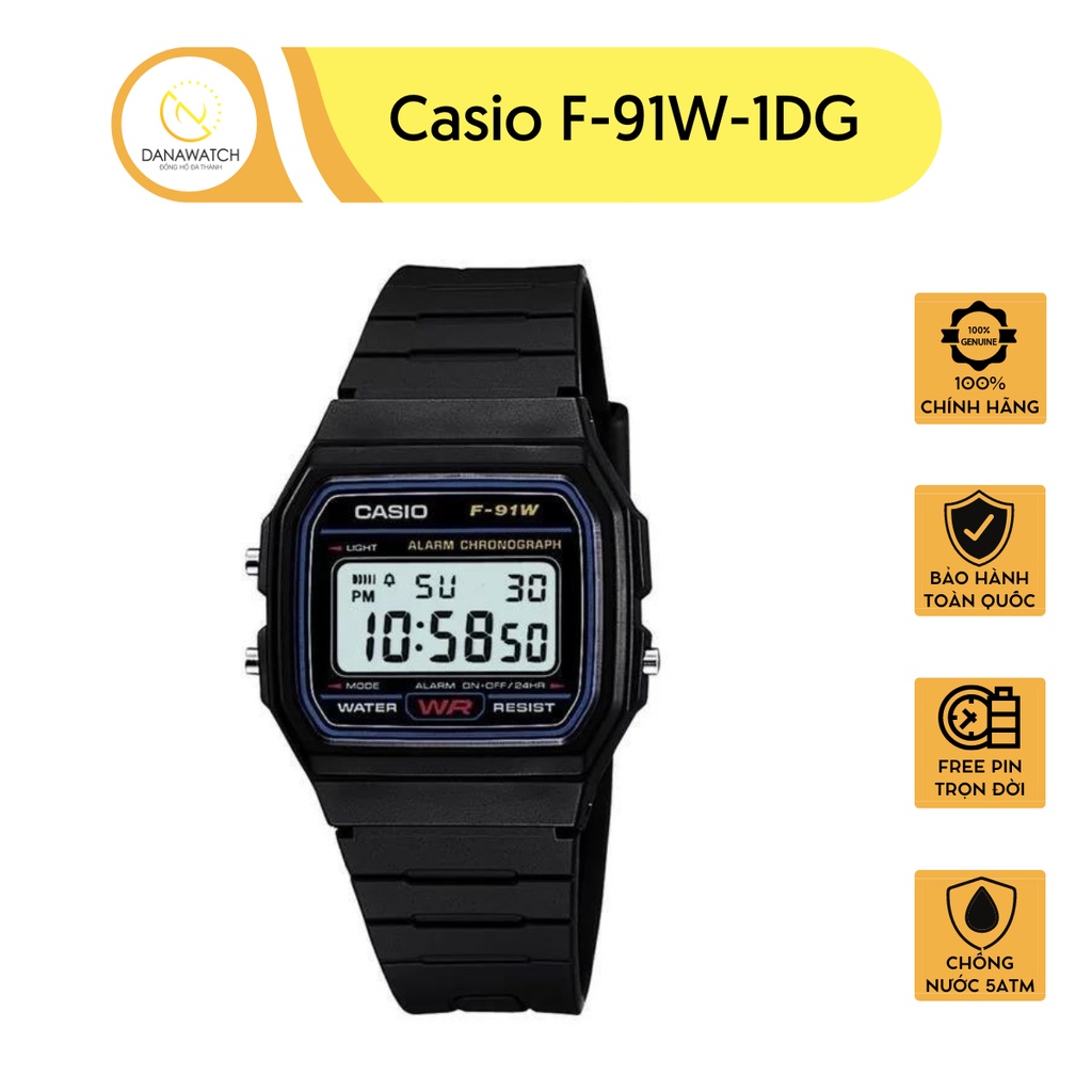 Đồng hồ nam Casio F-91W-1DG dây cao su cao cấp mặt số vuông tone màu đen phong cách mạnh mẽ nam tính