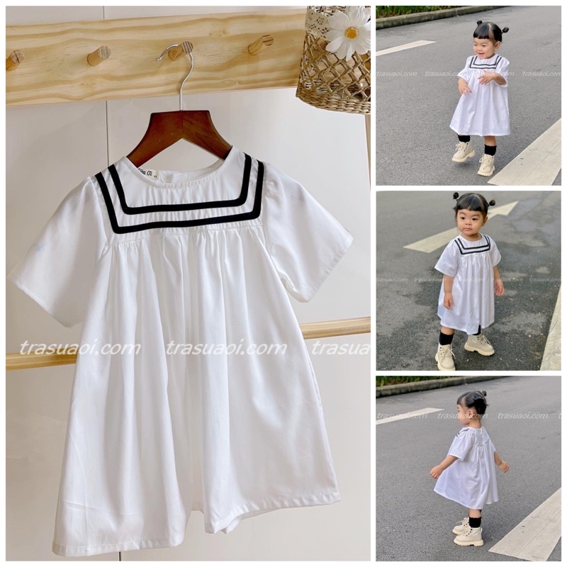 Váy babydoll trắng cổ thủy thủ cho bé gái từ 9-26kg TRASUAOI D009