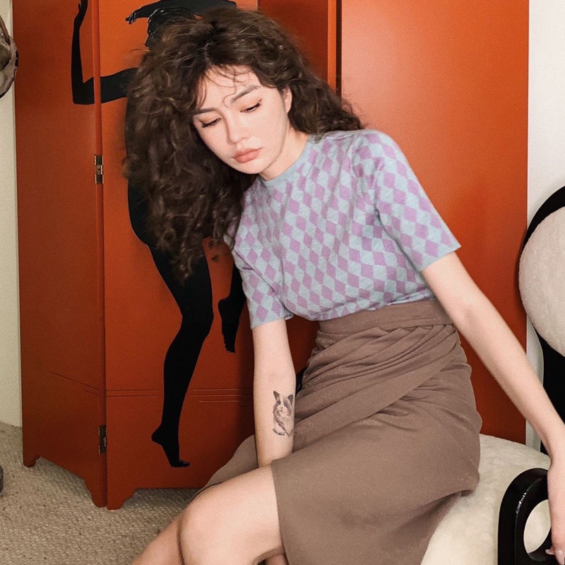 Áo Sweater Ngắn Tay Ôm Dáng Họa Tiết Kẻ Ô Phong Cách ins Thời Trang Mùa Hè Dành Cho Nữ