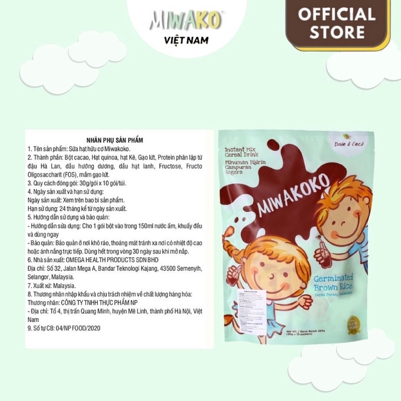 Sữa công thức hạt thực vật hữu cơ Miwakoko vị cacao 300g x 1 túi